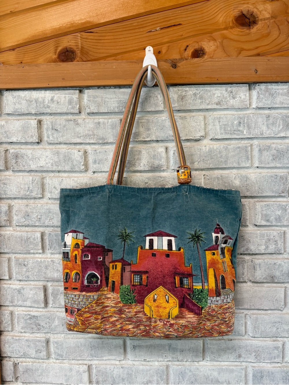 Paul Brent Teal Canvas Tote with Colorful Village Motif